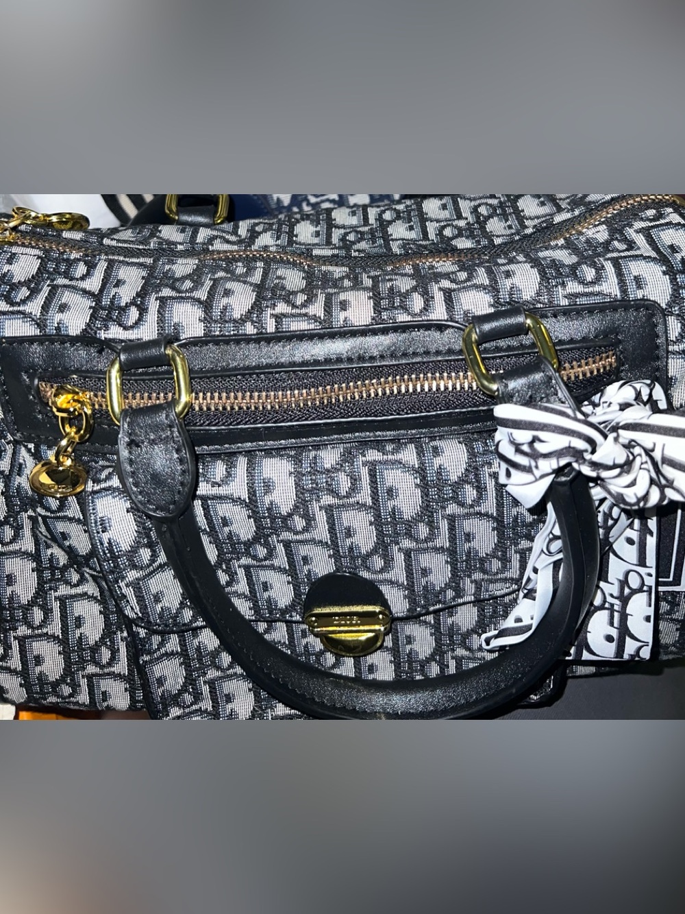 Black and Gray Logo-Pattern Women’s Satchel Bag with wallet